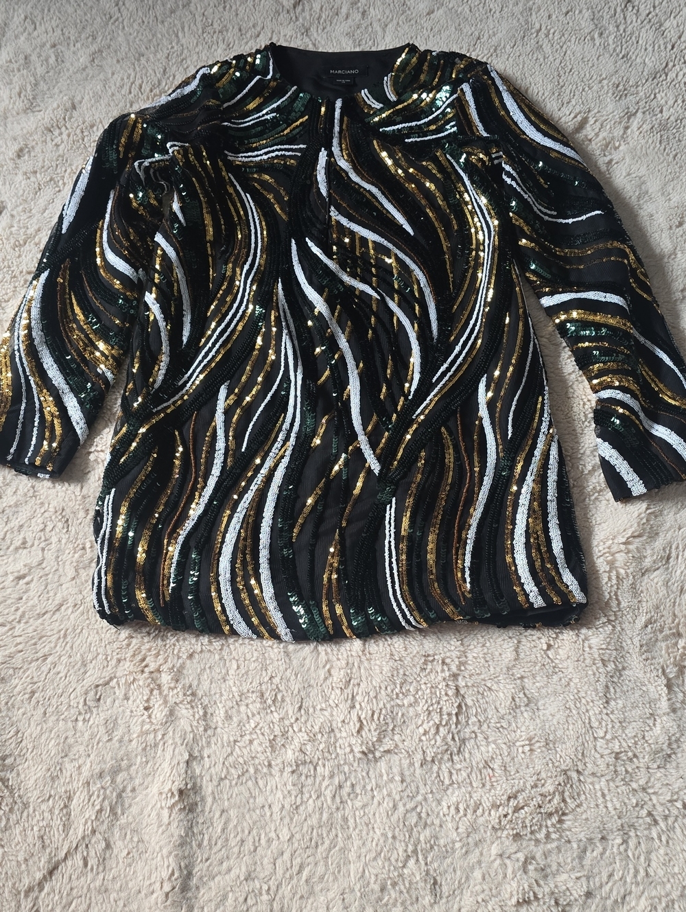 Marciano Black Sequin Wave-Pattern Crew Neck Sweater